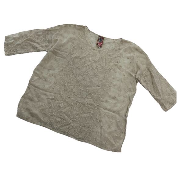 Johnny Was Tops - Johnny Was Embroidered Blouse Top Womens Small Beige Boxy Boho Cottagecore